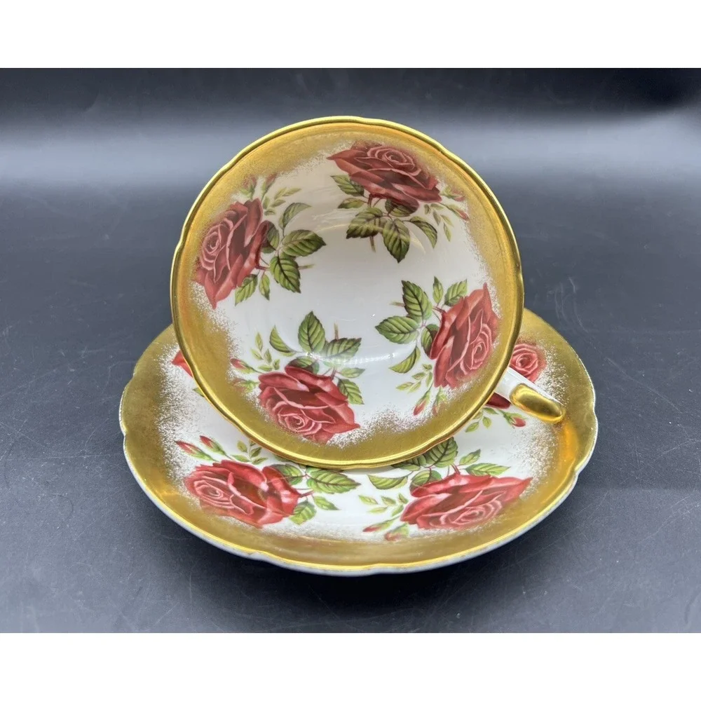 Vintage Paragon Floating Red Roses Gilded Tea Cup and Saucer England